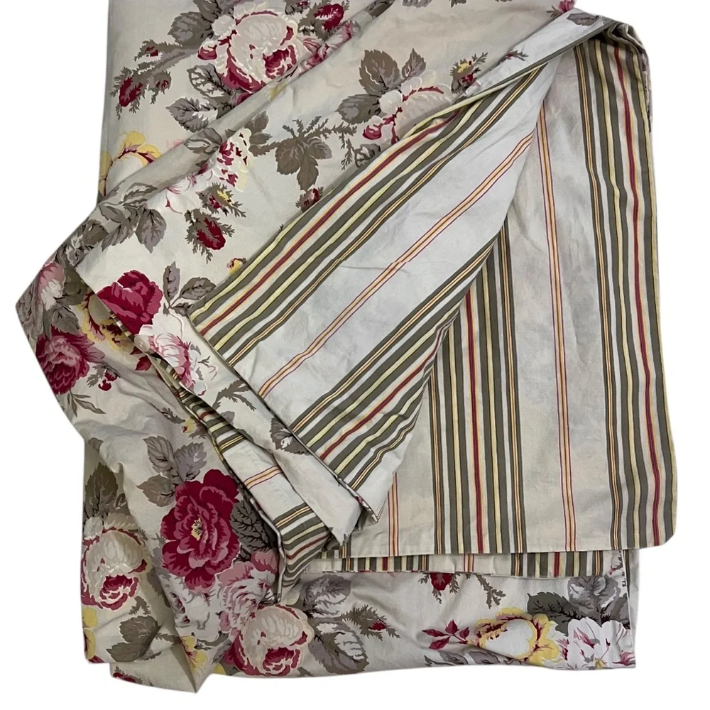 Pottery Barn Duvet Cover Cabbage Roses Stripes Reversible Full